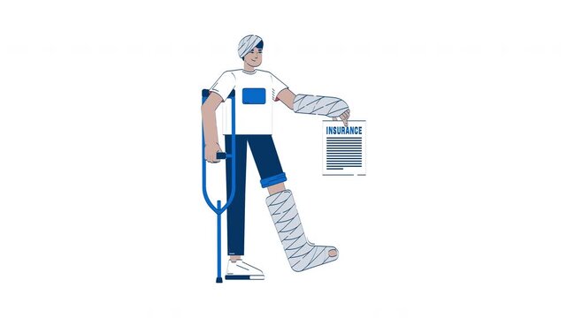 Accident insurance doodle animation. Personal injury protection. Broken leg. Insured policy holder indian man with crutch animated 2D flat cartoon concept, white background. 4K video motion graphic