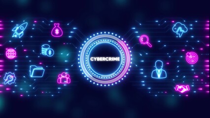 Neon cybercrime concept with icons and digital circuit background hacking security