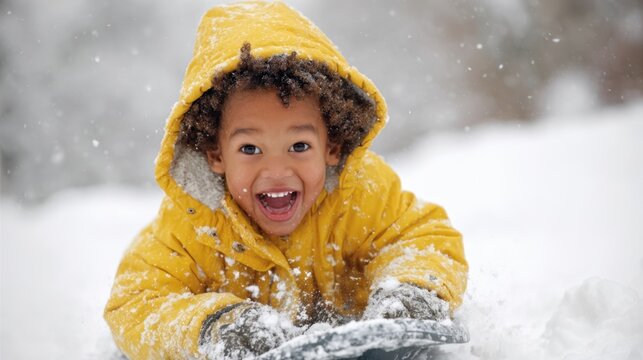 A young child with curly hair is having the time of their life sledding in fresh snow.