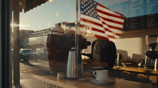 Cinematic Shot of an American Flag Hanging Inside a Cozy Coffee Shop during Golden Hour, Reflecting the Street Outside while a Barista Works.