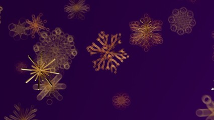 Abstract, glowing, golden snowflakes on a dark purple background, perfect for winter, Christmas, or fantasy themes. Ideal for design and digital