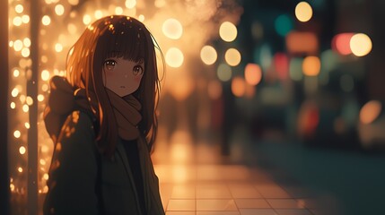 Fototapeta premium 冬のイルミネーションがきれいな街の歩道を歩くアニメ調の美少女