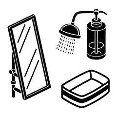 A minimalist bathroom set featuring a standing mirror, a shower head with running water, and a soap dish, all rendered in a simple black silhouette style
