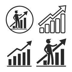 Set of four growth chart icons with a person interacting with the data, each icon represents progress and upward trends in business and personal development