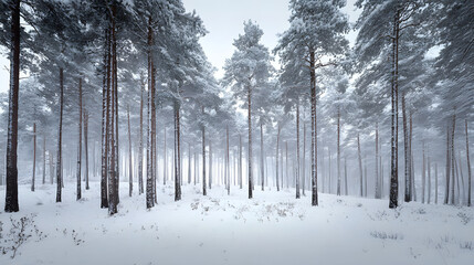 Snowy trees in a minimalist Scandinavian winter landscape