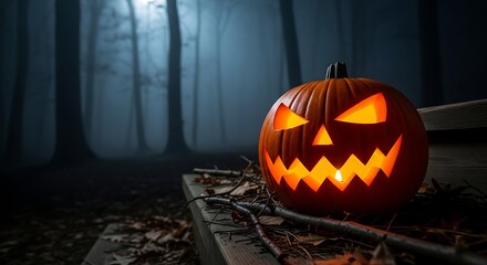 Obraz premium A glowing jack-o'-lantern on a wooden bench in a spooky, foggy forest.
