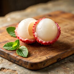 Fresh peeled lychee fruit on wooden cutting board with mint leaves