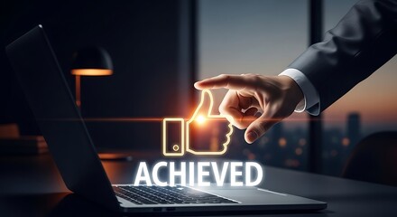 A hand reaches for a glowing "achieved" icon above a laptop in a modern office setting.