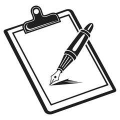 A clipboard with a blank sheet and a fountain pen writing on it, it represents writing notes, signing documents, or creating content in a formal setting