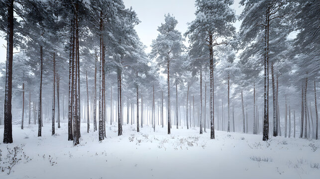 Snowy trees in a minimalist Scandinavian winter landscape - Powered by Adobe