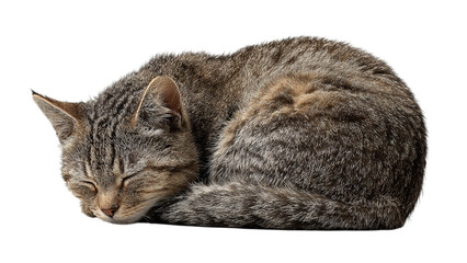 a sleeping gray tabby cat curled up in a cozy position, showcasing its soft fur and peaceful demeanor on a transparent background