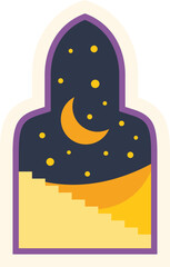 Mystical stairway ascending towards crescent moon and stars through arched window, sticker design celebrating spirituality and dreams