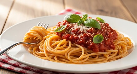 A close-up shot of spaghetti with tomato sauce, basil, and parmesan, plated on a white dish, fork with twirled pasta