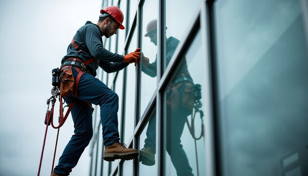 Construction worker on building exterior checks and repairs windows, ensuring safety and quality on site. Construction worker in protective gear operates at height, performing essential maintenance.
