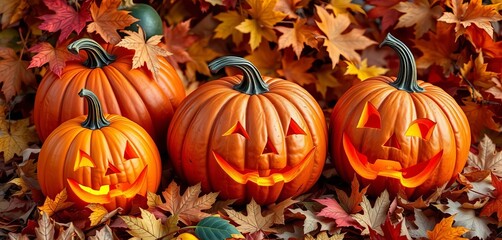 Fototapeta premium Three carved pumpkins, various sizes, autumn leaves, cute, tradition