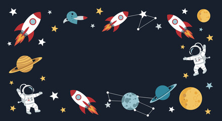 Cute cartoon space elements including astronauts, rockets, planets and stars on a dark background.