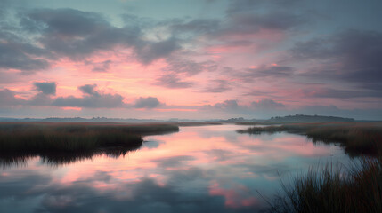 Obraz premium Serene marshland reflecting the beautiful dawn sky at sunrise