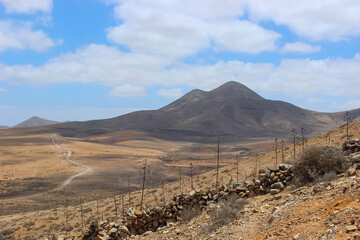 Arid Mountain Landscape in Fuerteventura with Sparse Desert Vegetation
