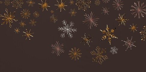 A beautiful and elegant winter background features golden, silver and rose gold snowflake patterns on a dark brown backdrop perfect for the holi