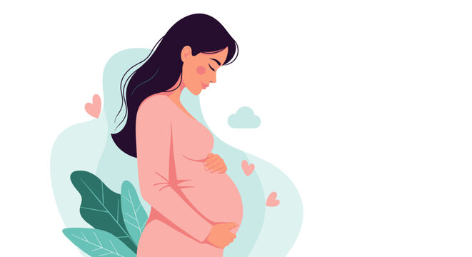 Illustration of a pregnant woman holding her belly with a gentle smile. - Powered by Adobe