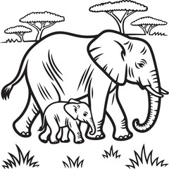Fototapeta premium A beautiful line drawing of an elephant and its young calf.
