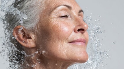 An older woman enjoys a refreshing spray of water showcasing her natural beauty and tranquility.