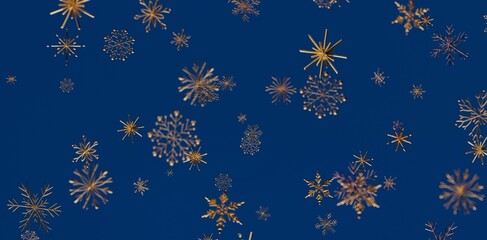 Abstract design of golden snowflakes floating against a deep blue backdrop for a festive winter atmosphere. Ideal for Christmas, New Year backgr