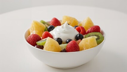 Delicious fruit salad with yogurt on a light table