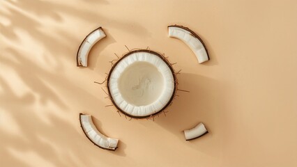 Coconut-themed creative layout with a backdrop. Lay flat. notion of food.