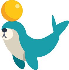 Cartoon seal balancing a yellow ball on its head, performing in a circus show