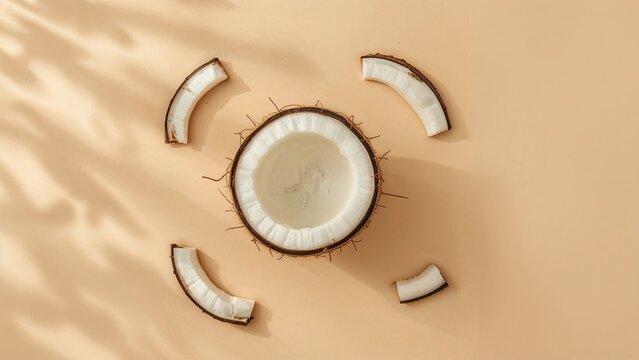 Coconut-themed creative layout with a backdrop. Lay flat. notion of food.