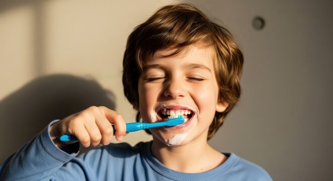 Joyful little boy brushing teeth with toothpaste foam on his mouth indoors during a bright sunny day