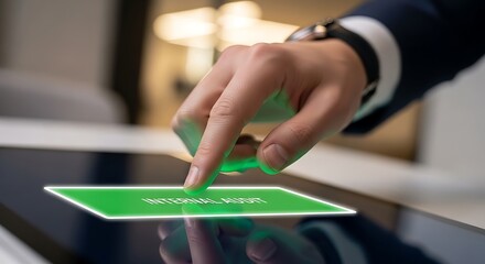 A close-up shot of a well-dressed person's hand interacting with a glowing touchscreen interface
