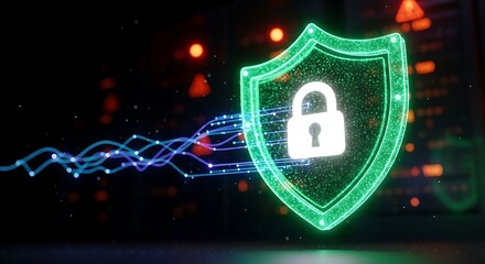 Glowing green shield with padlock protecting digital data in a server environment