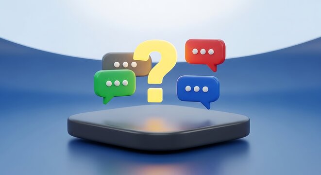 A yellow question mark surrounded by colorful speech bubbles rests on a dark platform, symbolizing communication and queries.
