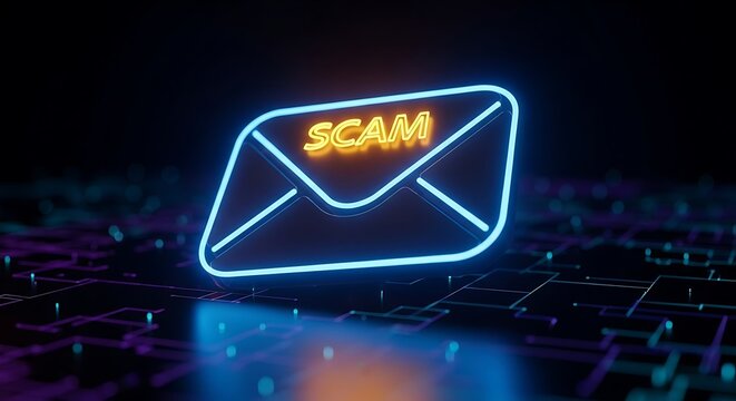 Neon scam email glowing on a dark digital background, symbolizing online fraud and cyber threats.