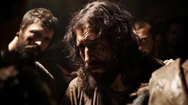 A man with wet hair and a tired look on a dark background, surrounded by other people. Conveys an atmosphere of physical or emotional exhaustion, suitable for illustrations on the theme of stress, har