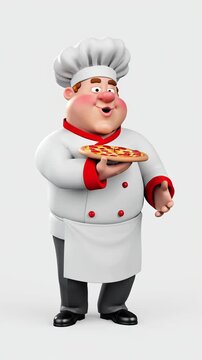 Funny cartoon fat chef with pizza isolated on white background