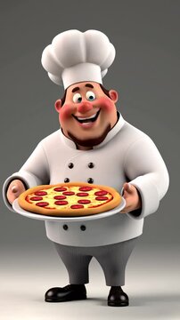 Funny cartoon fat chef with pizza isolated on white background