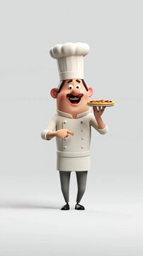 Funny cartoon fat chef with pizza isolated on white background