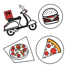 Fast food delivery scooter with pizza burger and cutlery icons for online ordering and takeout services