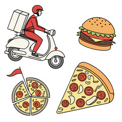 Fast food delivery service featuring a scooter rider burger and slices of pizza with a whole pizza