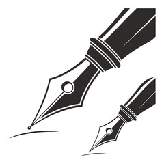 Classic black and white illustration of two elegant fountain pens writing on a white background