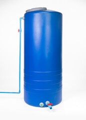Blue Cylindrical PE Plastic Water Storage Tank with PVC Inlet Pipe, Isolated on White