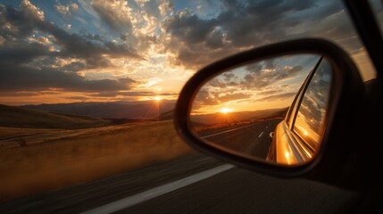 Fototapeta premium A peaceful sunset unfolds over hills with warm colors visible in the cars side mirror.