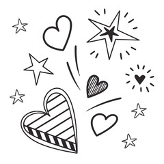 Hand drawn doodle elements featuring stars and hearts with playful lines and patterns on a white background