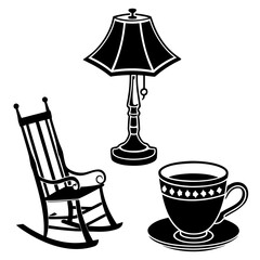 Silhouette of a vintage rocking chair a classic table lamp and a decorative teacup with saucer on a white background