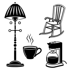 Cozy home comforts collection featuring a rocking chair coffee maker steaming cup of coffee and a floor lamp