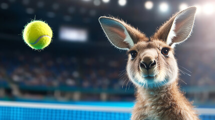 Kangaroo looking at a tennis ball hovering in the air on a blue hardcourt, sporting concept