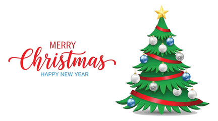 A festive christmas tree adorned with red ribbons, gold star, and ornaments, accompanied by the cheerful greetings of merry christmas and happy new year